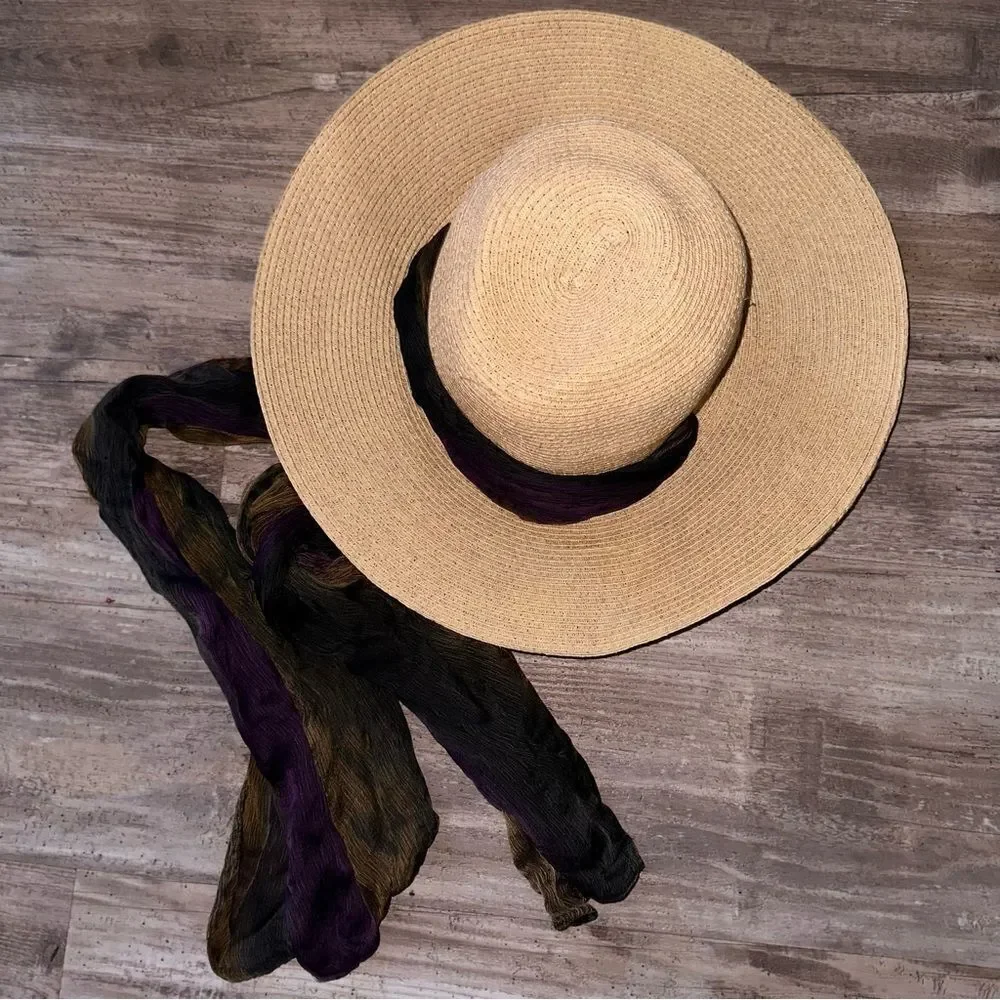 SCALA wide brim straw hat with scarf ties